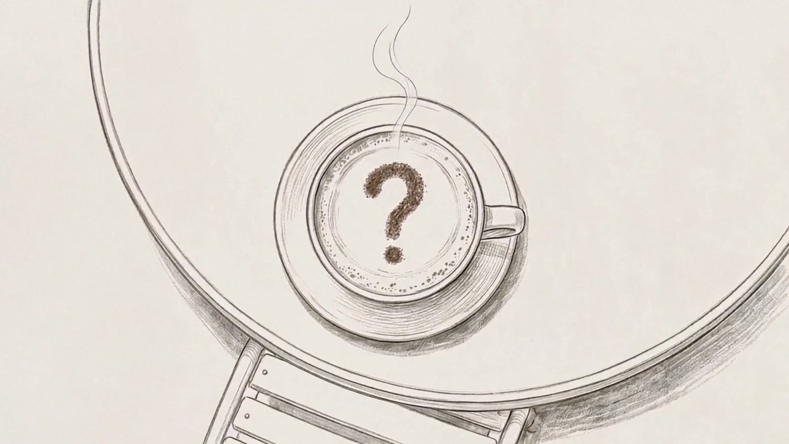 A hand-drawn cappuccino seen from above, a question mark in the foam, and a chair pulled out at the table.